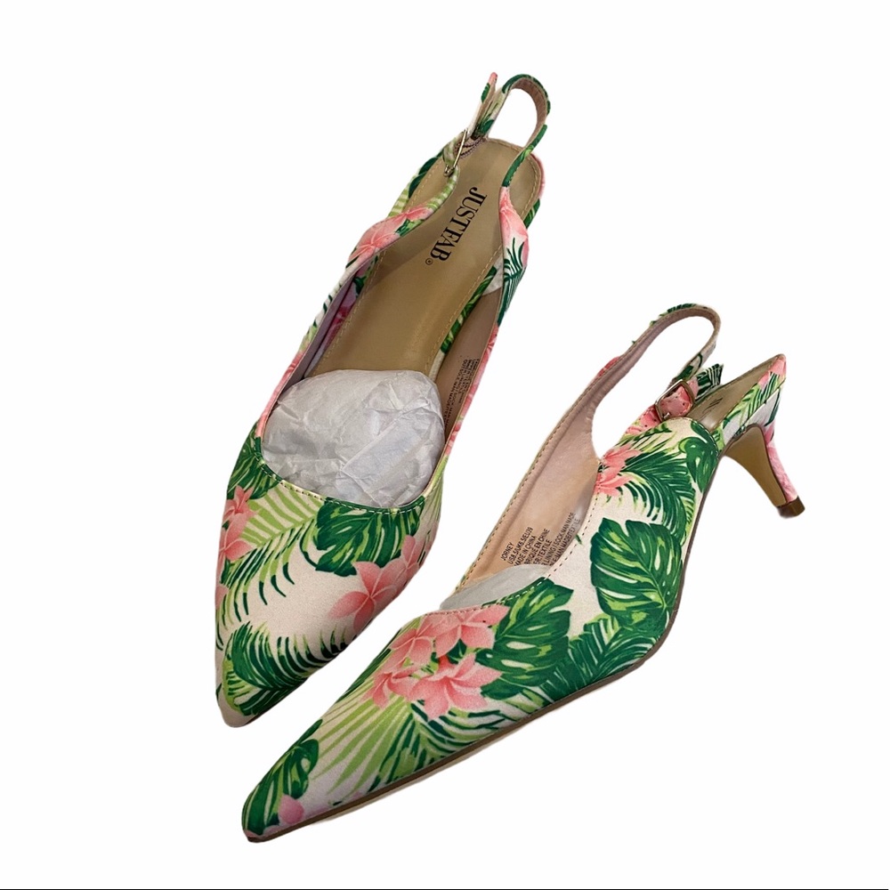 NWT Just Fab Jorney Tropical Palm Kitten Heels